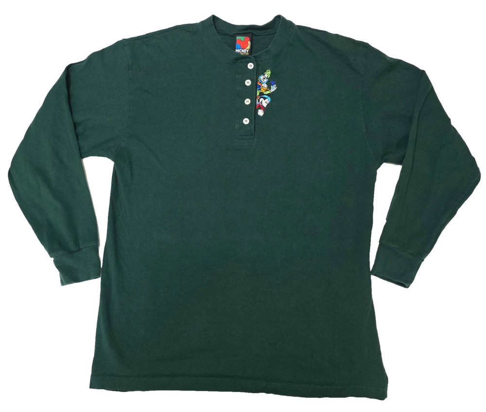 Vintage 90s Mickey Unlimited Henley Long Sleeve Shirt Green Disney Characters